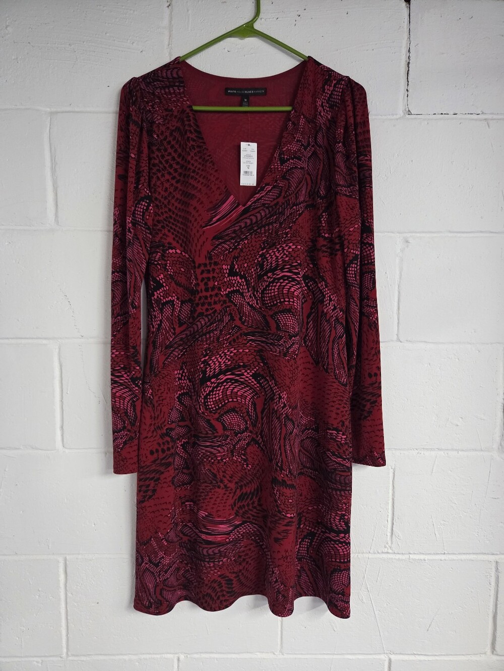 White House Black Market Red and Black Patterned V-Neck Long Sleeve Dress